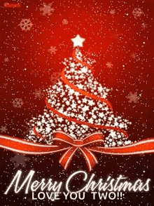a merry christmas love you two greeting card with a christmas tree on a red background