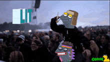 a cartoon of a man smoking a pipe in front of a crowd with a lit sign above him