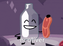 a cartoon character holding a piece of meat with the word hi oliver below it