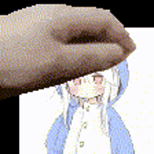 a hand is pointing at a picture of a girl with white hair