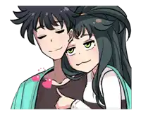 a boy and a girl are hugging and the girl is pointing at the boy