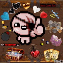 a picture of jesus loves you with a treasure chest and tarot cards