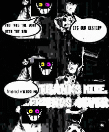 a black and white collage of cartoon characters with speech bubbles talking to each other .