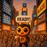 a mascot holding a cup of coffee says ready