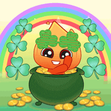 a cartoon drawing of a pot of gold with a rainbow and shamrocks in the background