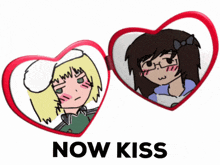 two heart shaped mirrors with the words now kiss below