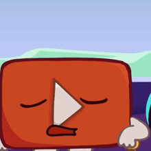 a cartoon drawing of a red square with a white play button on its face