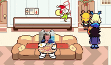 a pixel art drawing of a man sitting on a couch with headphones on
