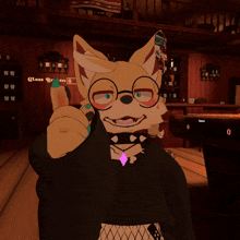 a cartoon fox wearing glasses and a choker is standing in front of a glass sign