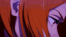 a close up of a person 's face with red hair and a light coming out of their eye .