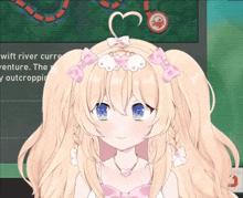 a girl with a heart in her hair is smiling in front of a screen that says wift river curre