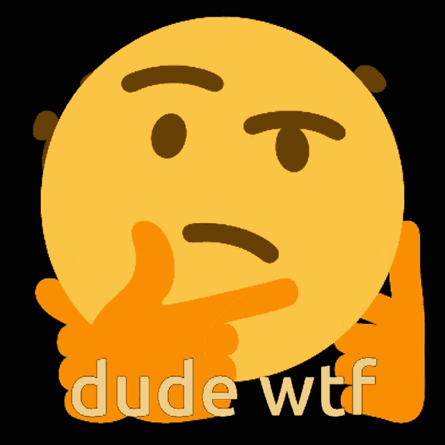 a thinking smiley face with the words dude wtf under it