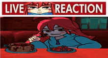 a cartoon girl is sitting at a table with pancakes and strawberries under a live reaction sign