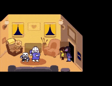 a video game scene of a living room with a couch , chairs , and a fireplace .