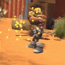a cartoon character is standing in the middle of a desert holding a sword .