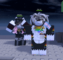 two roblox characters are standing next to each other and one of them has the name karl x3 on it