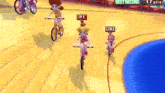 a group of cartoon characters are riding bicycles on a track .