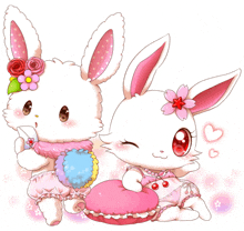 two white rabbits with pink ears are sitting next to each other on a white background