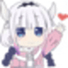 a blurred image of a girl with white hair and blue eyes holding a red heart .