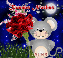 a mouse holding a bouquet of red roses with the words buenas noches