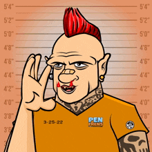 a cartoon of a man with a red mohawk and a pen frens shirt