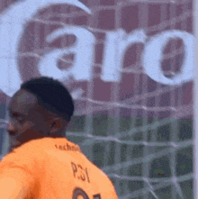 a soccer player in an orange jersey is standing in front of a goal .