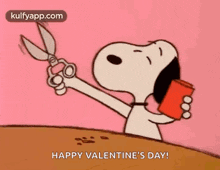 a cartoon of snoopy holding a pair of scissors and a cup .
