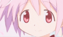 a close up of a cartoon girl with pink hair and red eyes wearing a bow tie .