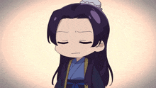 a cartoon character with long purple hair and a blue jacket