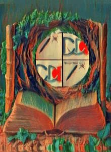 a painting of an open book with the letters cc on the cover