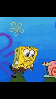 spongebob and gary the snail are standing next to each other