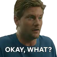 a man in a blue shirt is asking the question " okay what "