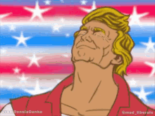 a cartoon of donald trump looking up in front of a flag
