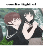 a couple of anime girls are hugging each other in a park .