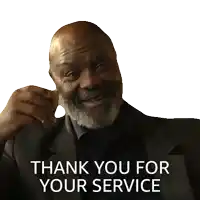 a man in a suit says thank you for your service on a white background