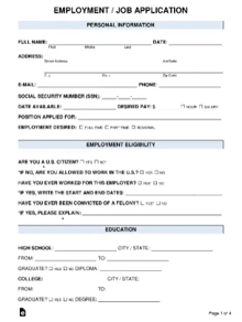 an employment / job application form with a full name address and e-mail