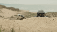 a man in a helmet looks out over a sand dune