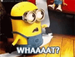 a cartoon minion is standing on a wooden floor and says 
