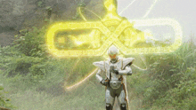 a man in a superhero costume stands in front of a glowing sign that says gxd