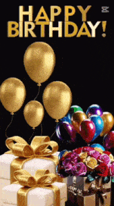 a birthday card with balloons and gifts and the words happy birthday