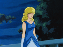 a woman in a blue dress and white gloves