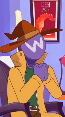 a cartoon character wearing a hat with the word lorem ipsum written on it