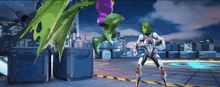 a video game scene with a green and purple character