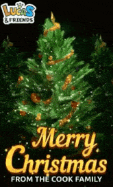a merry christmas card from the cook family with a christmas tree