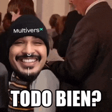 a man wearing a beanie that says multiverse on it