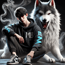 a man sitting next to a wolf wearing a mb hoodie