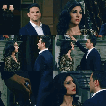a man in a suit and a woman in a leopard print dress are looking at each other