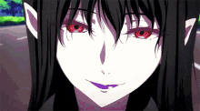 a girl with long black hair and red eyes is smiling