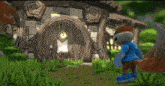 a cartoon squirrel is standing in front of a house in the grass .