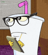 a cartoon character with glasses and a pink straw is holding a notepad